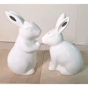 Porcelain White Bunny Rabbit With Gold Ears Salt And Pepper Shakers
